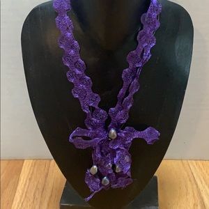 Purple mesh bow necklace with pearls